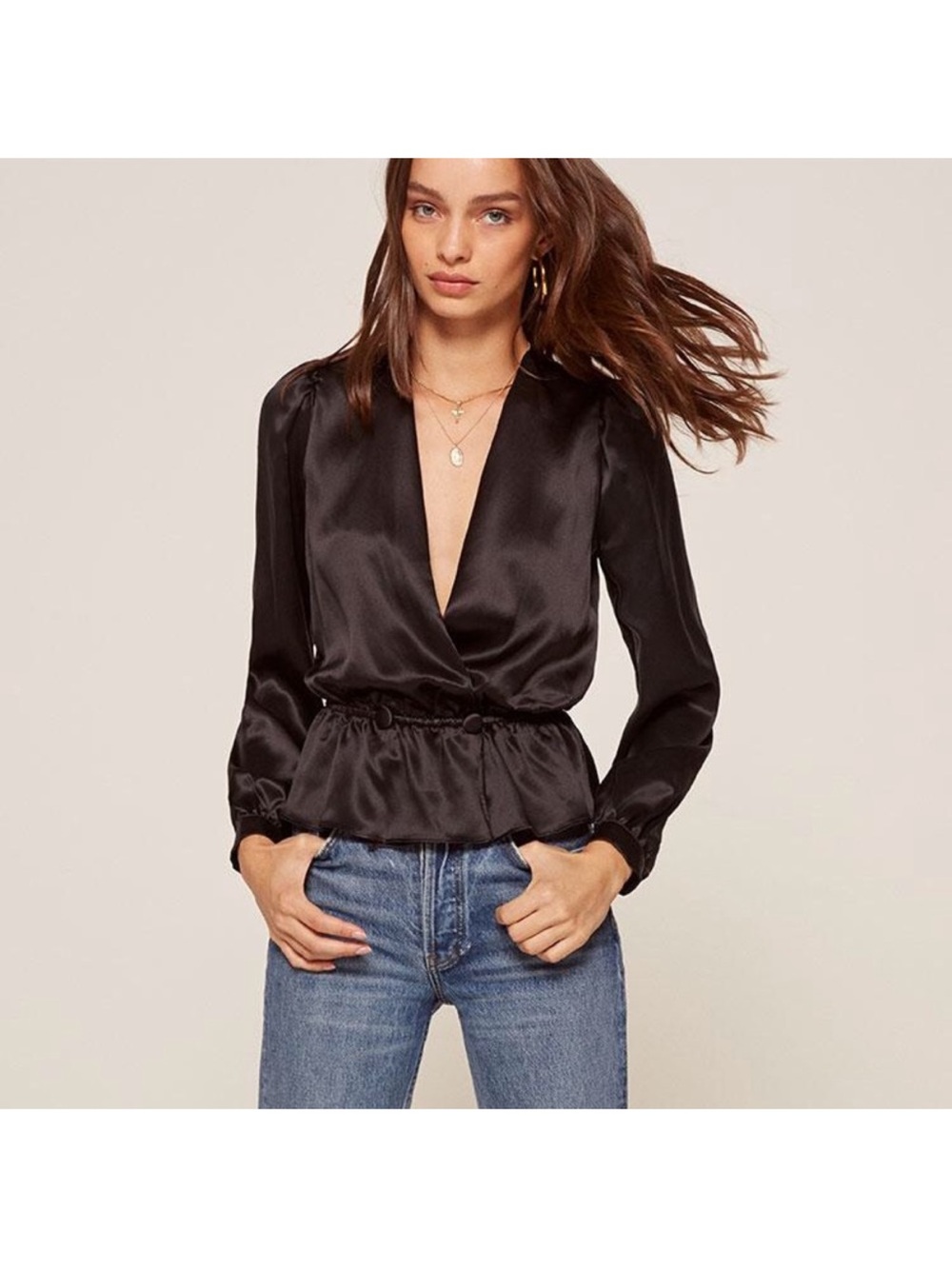 Reformation Black Satin Wrap Peplum Blouse